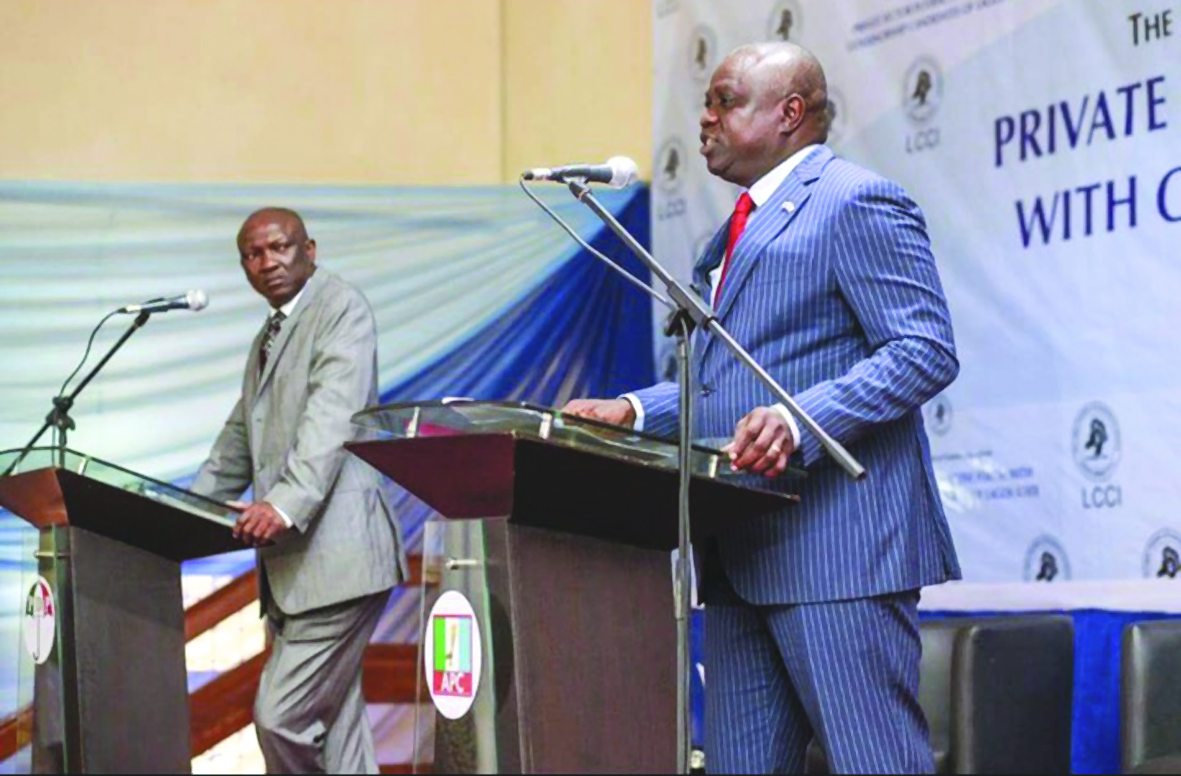 (R-L) Mr. Akinwunmi Ambode of the All Progressives Congress (APC) and Mr. Jimi Agbaje of the People’s Democratic Party (PDP) during the debate organised by LCCI recently.