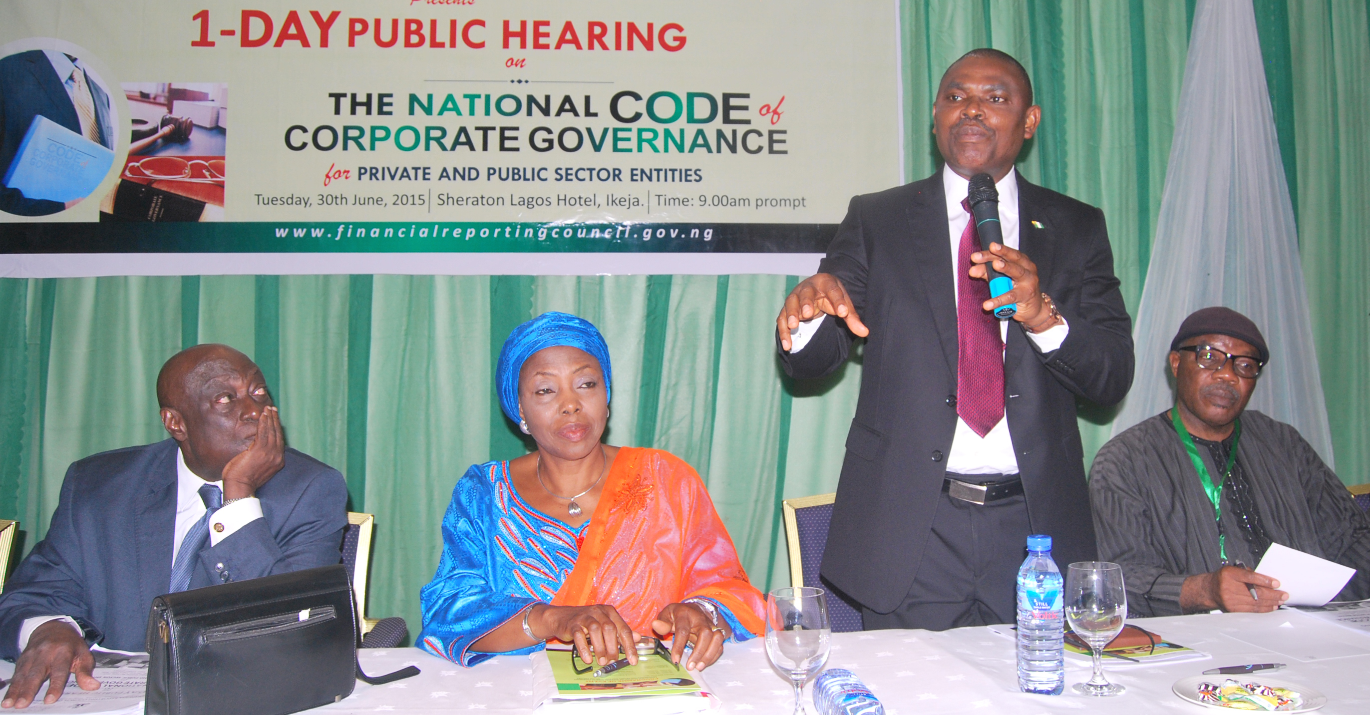 L-R Mr Victor Odiase, Chairman, Steering Committee, National Code of Corporate Governance; Hajiya Maryam Ladi-Ibrahim, Chairman, Financial Reporting Council of Nigeria (FRC); Mr Jim Obazee, Executive Secretary/CEO,FRC; and Sir Sunny Nwosu, Chairman, Shareholders Association of Nigeria, during the One-day Public Hearing on the National Code of Corporate Governance for Private and Public Sector Entities organised by the Financial Reporting Council of Nigeria held in Lagos