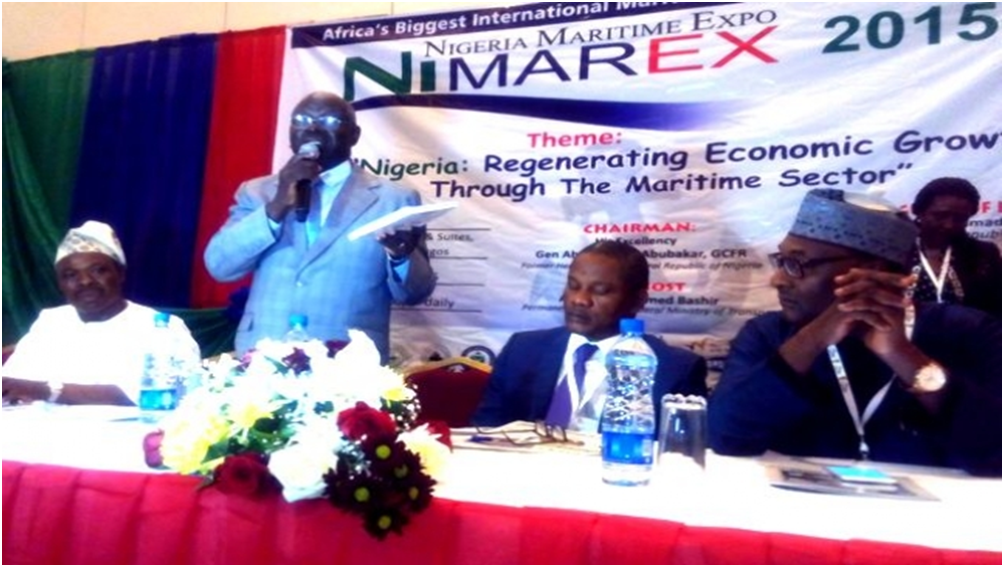 L-R: Dr Isaac Jolapamo, former President Nigeria Shipowners Association; Admiral Samuel Afolanya (rtd); Barrister Obi Callistus, Executive Director Maritime Labour and Carbotage Service, NIMASA; Mr. Hassan Bello, Executive Secretary/CEO, Nigeria Shippers Council at the 5th Nigeria Maritime Expo 2015 Conference