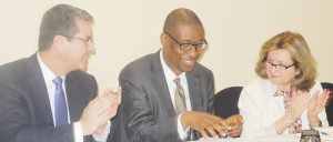 PIC.7. FROM LEFT: DIRECTOR-GENERAL, WORLD TRADE ORGANISATION (WTO), MR ROBERTO  AZEVEDO; MINISTER OF INDUSTRY, TRADE AND INVESTMENT, DR OKECHUKWU ENELAMAH, AND  SENIOR ADVISOR TO THE DIRECTOR-GENERAL OF WTO, GRACA ANDRESEN-GUIMARAES, DURING  AN INTERRACTIVE SESSION WITH MEMBERS OF THE PRIVATE SECTOR, IN ABUJA ON MONDAY. 0905/16/2/2016/TA/BJO/NAN