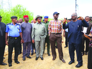 Obiano and Fashola at the Onitsha end of the 2nd Niger Bridge project site...