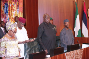 ACTING PRESIDENT OSINBAJO PRESIDES OVER 4TH FEC MEETING 2. R-L, Acting President Yemi Osinbajo, SGF, Eng Babachir David Lawal, Chief of Staff, Mallam Abba Kyari and Head Of Civil Service, Mrs Winifred Oyo-Ita as Acting President Presides over 4th FEC Meeting at the Council Chamber State House in Abuja. PHOTO; SUNDAY AGHAEZE. FEB 1 2017