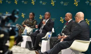 President Cyril Ramaphosa of South Africa (2nd left) presenting his address. He is flanked to his left by Dr Benedict Oramah, President of Afreximbank and to his right by Mrs Kemi Adeosun, Nigeria's Minister of Finance
